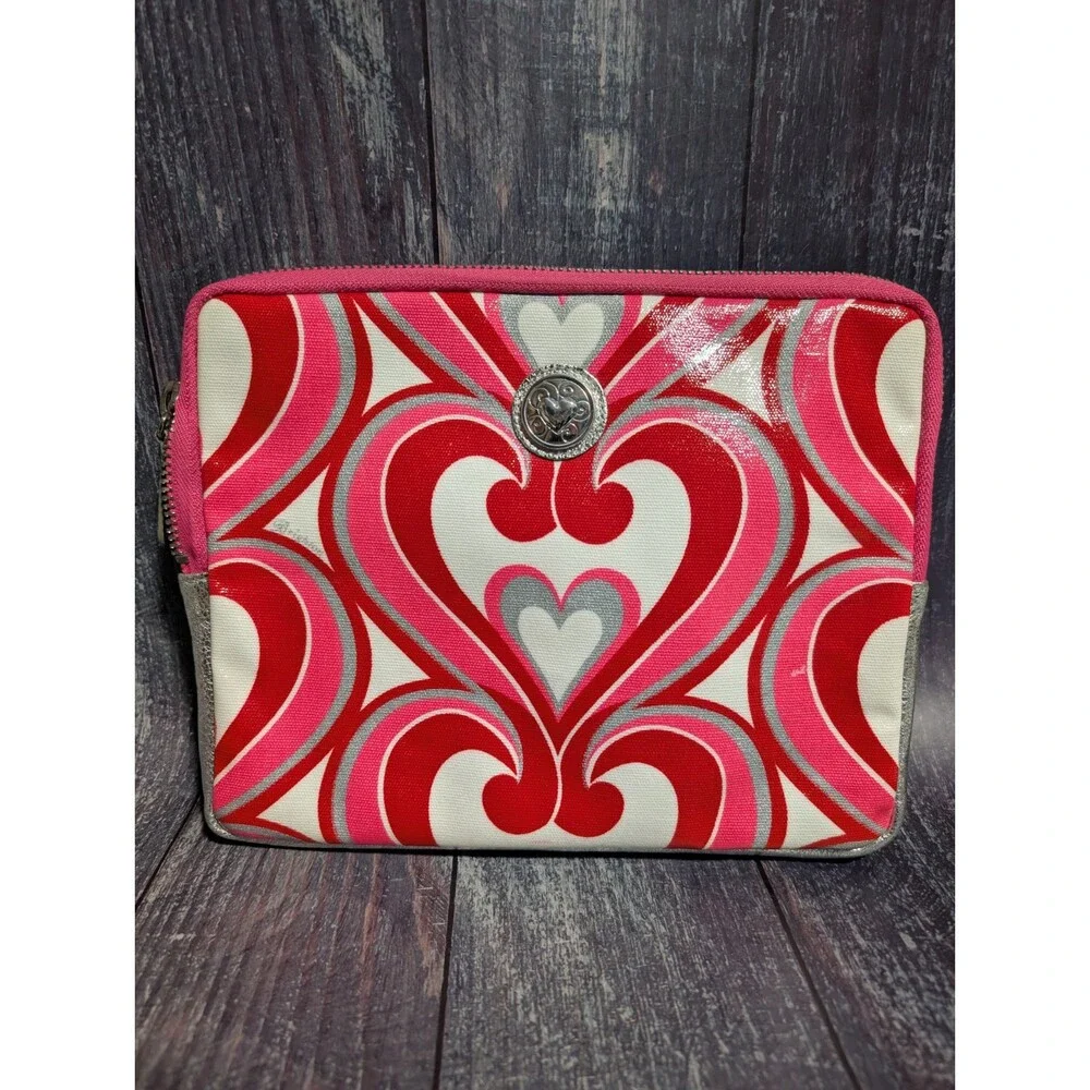 Brighton Padded Zip Top iPad Tablet Case Cover Twirly Hearts Pink Red White